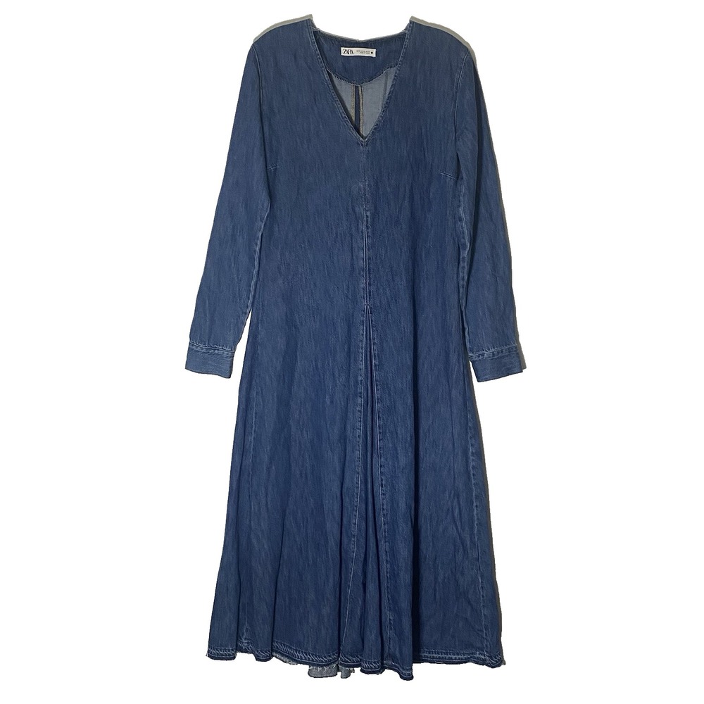ZARA The Tilda Denim Midi Dress XS Blue Flowy Raw Hem Modest Minimalist Country